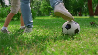 未知的人类腿踢球草特写镜头父亲玩足球儿子
